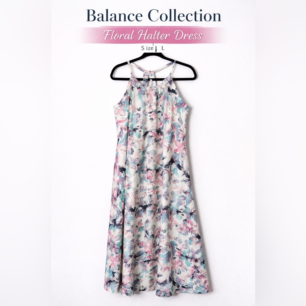 Balance Collection Floral Halter Dress Size L Pink Blue Print